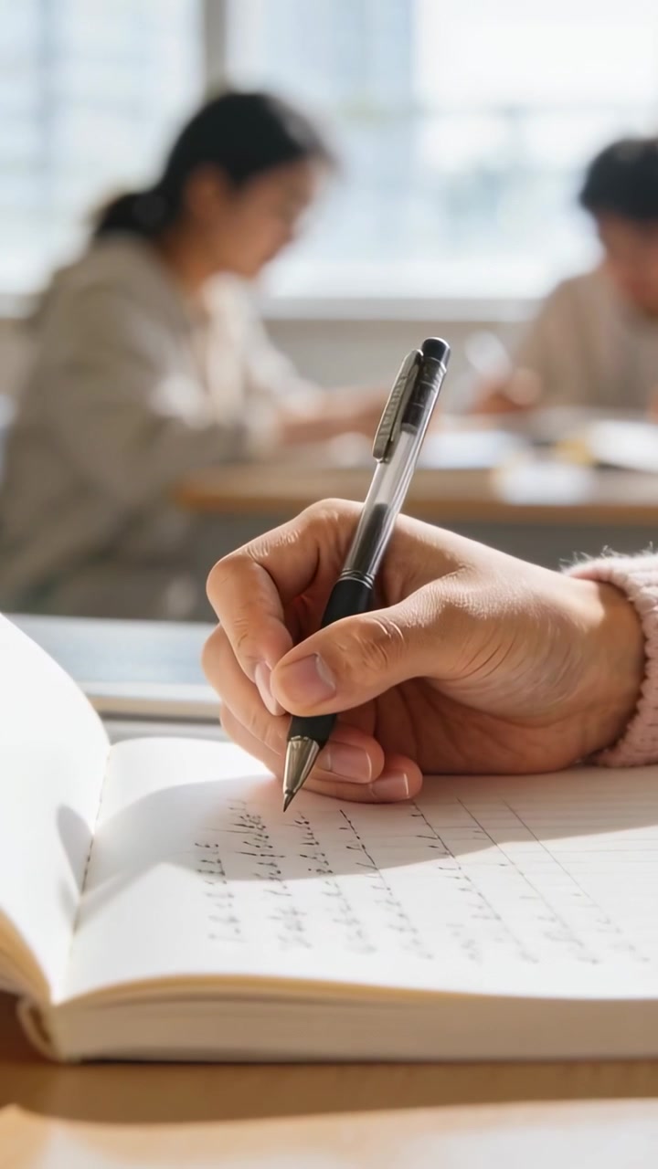 Video verticale: Penna che si solleva creando un vortice, mano destra con polsino rosa che scrive su un quaderno vicino a una finestra, studiando.