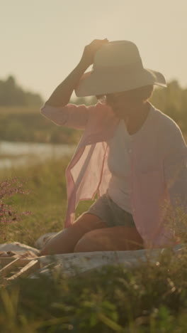 mujer en un área de hierba abierta bajo la luz del sol alcanzando un sombrero de sol en una canasta tejida llena de flores, disfrutando de un pacífico día de verano al aire libre en una alfombra de picnic, con un fondo natural borroso