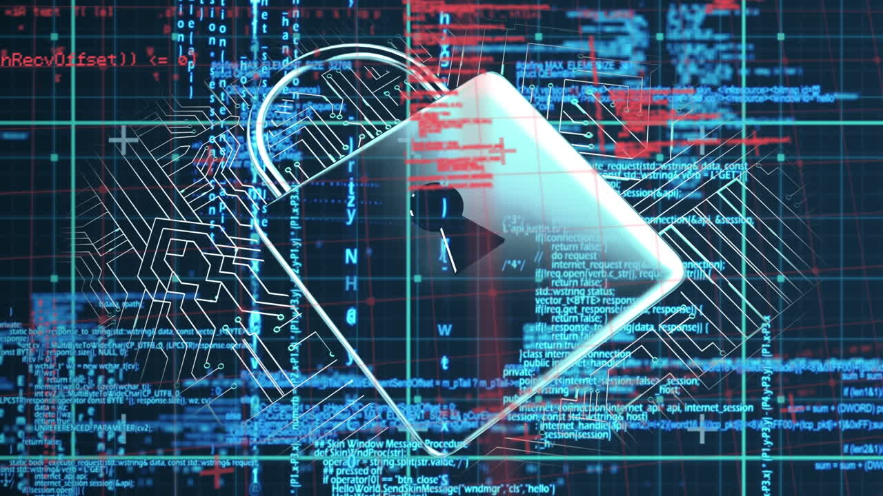 animación del candado de seguridad, la placa de circuitos informáticos y el procesamiento de datos a través de la red