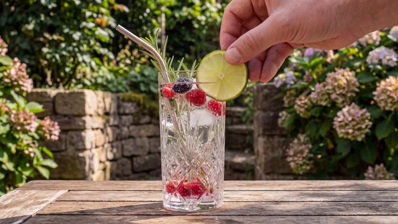 Käsi sekoittaa mojito-cocktailia, jossa on limelohko, mintunlehtiä ja jääpaloja lasissa puupöydällä valoisaa taustaa vasten.