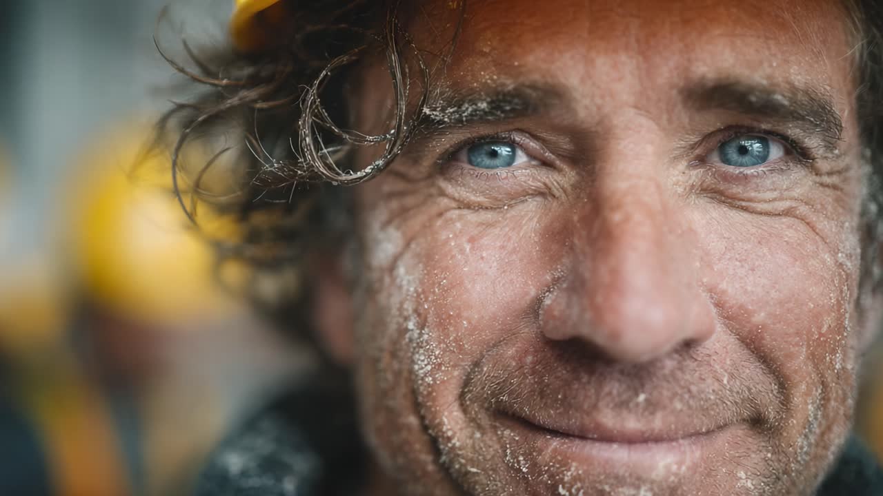 Close-Up Portrait of a Smiling Person with Blue Eyes and Weathered Skin, Highlighting Joy Amidst a Challenging Environment with Yellow Safety Gear