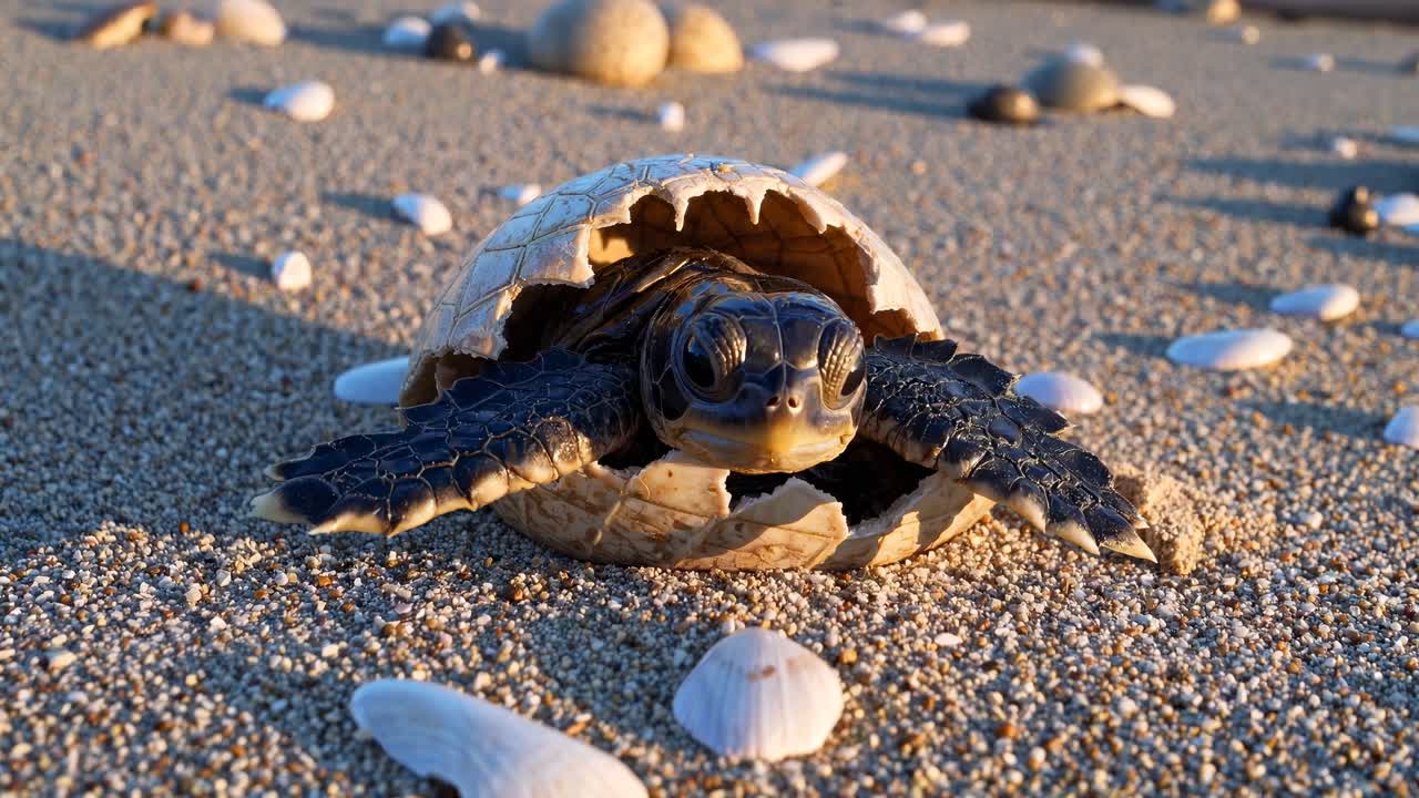 Close-up, low-angle shot of a baby turtle emerging from a shell on a sandy beach