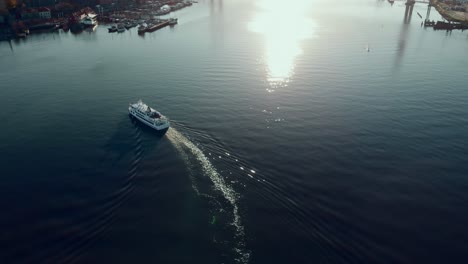 aerial static view of boat in river at gothenburg port in sweden during the day