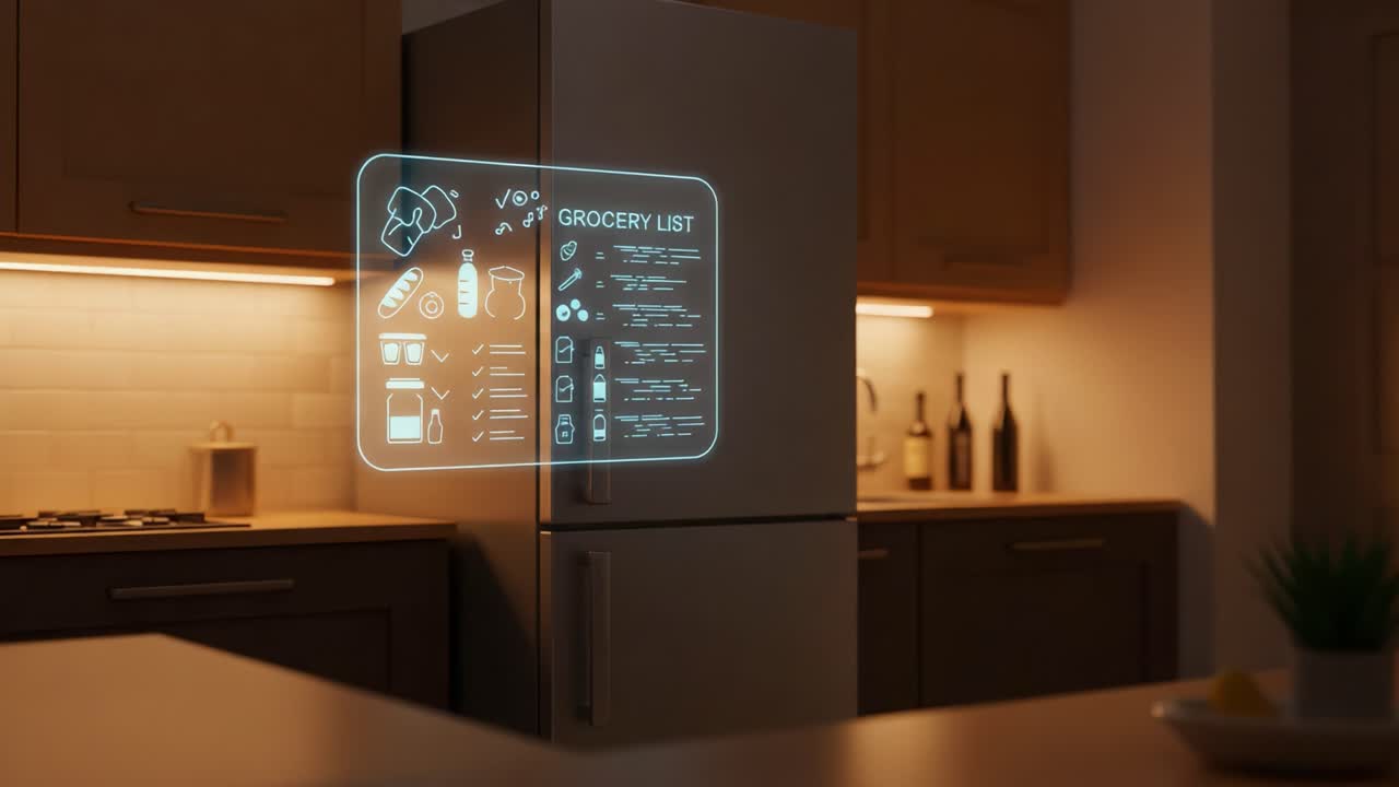 A Smart Refrigerator Displaying a Digital Grocery List, Showcasing Modern Kitchen Technology in a Cozy and Well-Lit Home Environment