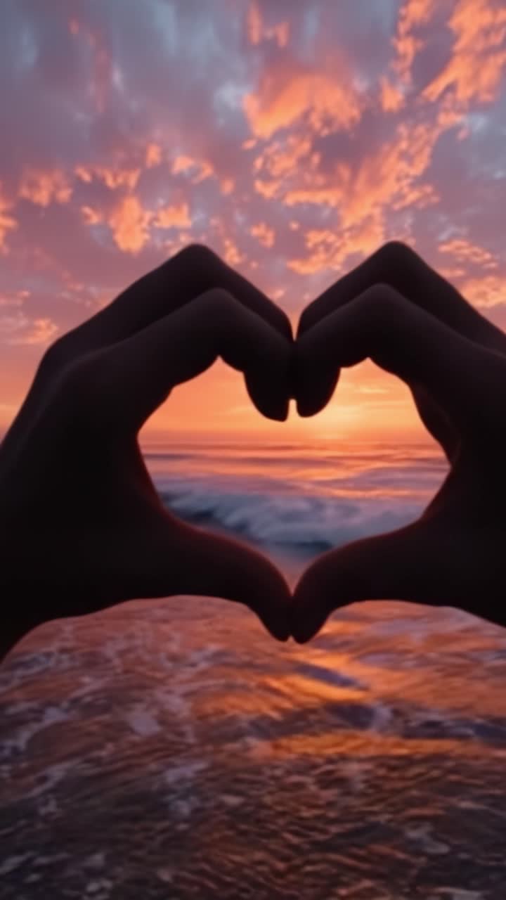 Um belo pôr do sol sobre o oceano, emoldurado por mãos formando um coração, irradiando emoções de amor e serenidade no brilho do crepúsculo