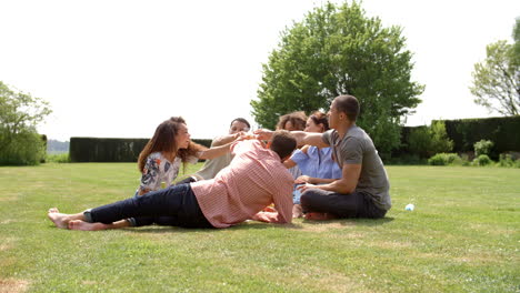 Freunde-Stoßen-Bei-Einem-Picknick-An,-In-Voller-Länge,-Niedriger-Blickwinkel