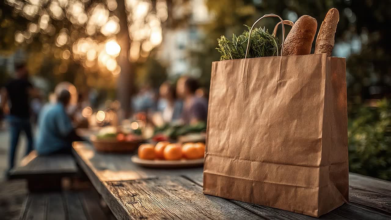 A beautifully arranged paper bag filled with fresh produce and bread, capturing a warm evening atmosphere and a vibrant gathering of people in the background