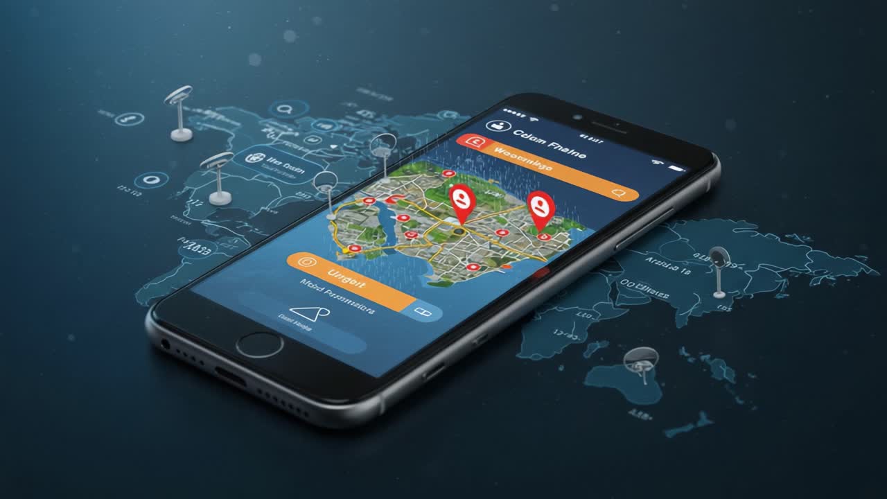 A Stunning Visual of a Mobile Mapping Application Displaying Geolocation Features on a Global Map, Highlighting User Interaction and Data Visualization in Real-Time