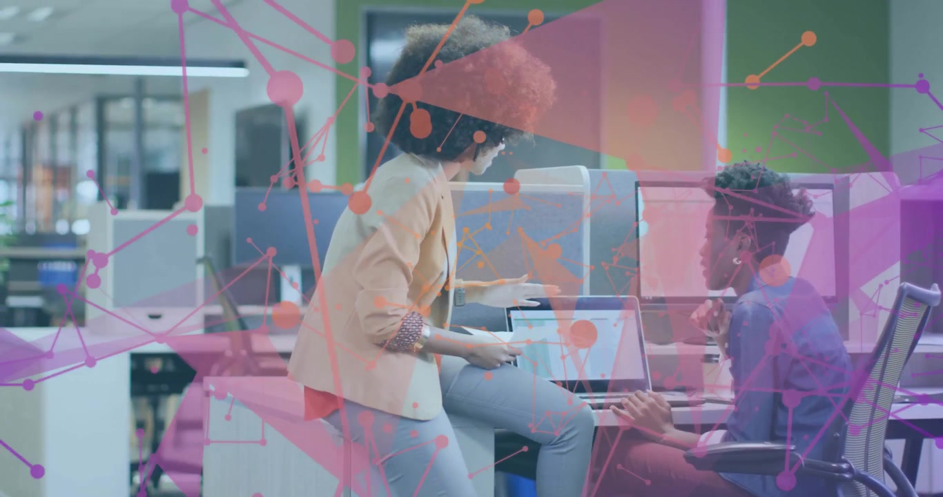 Two colleagues discussing work at office with network connections animation overlay