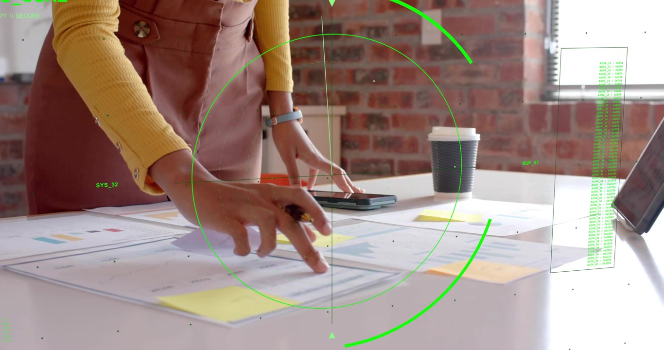 Woman tapping phone and sorting papers while NEXUS_CORE HUD growing and rotating for business plan
