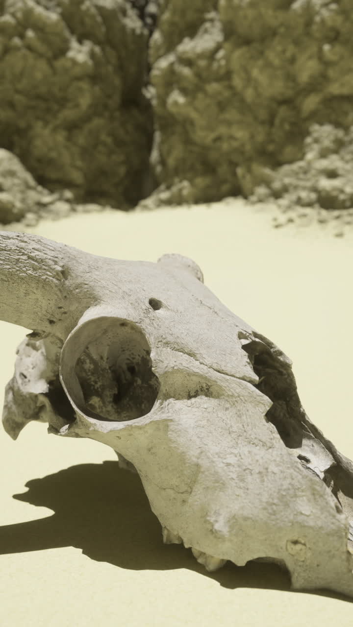 Unique ram skull discovered in arid desert landscape during daylight hours
