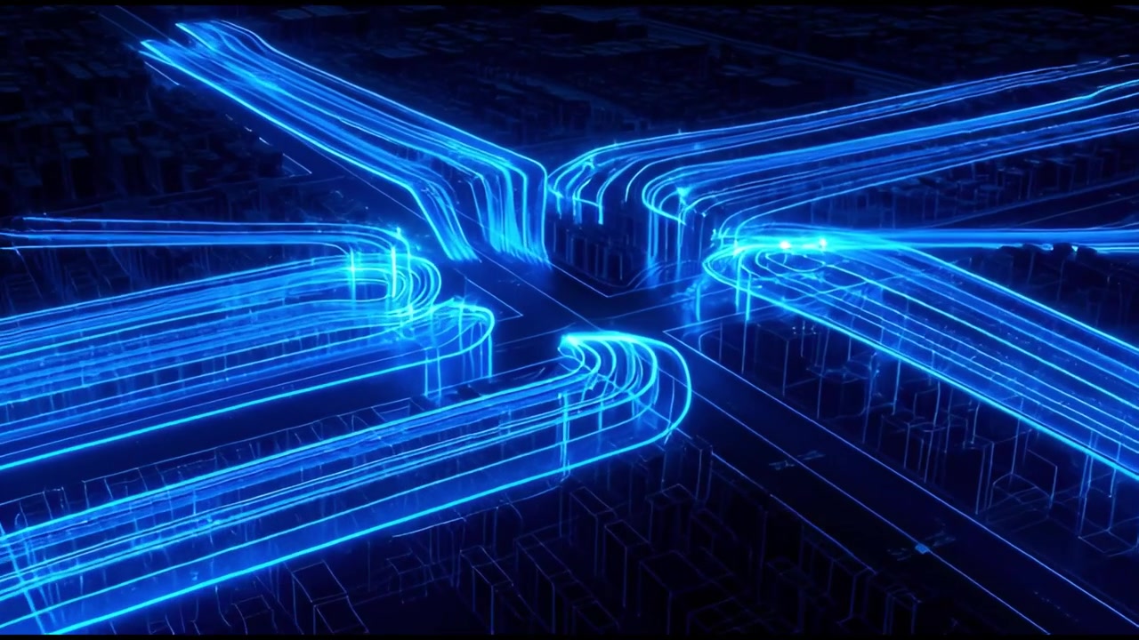 Infrastruttura urbana digitale con linee di flusso dati blu luminose