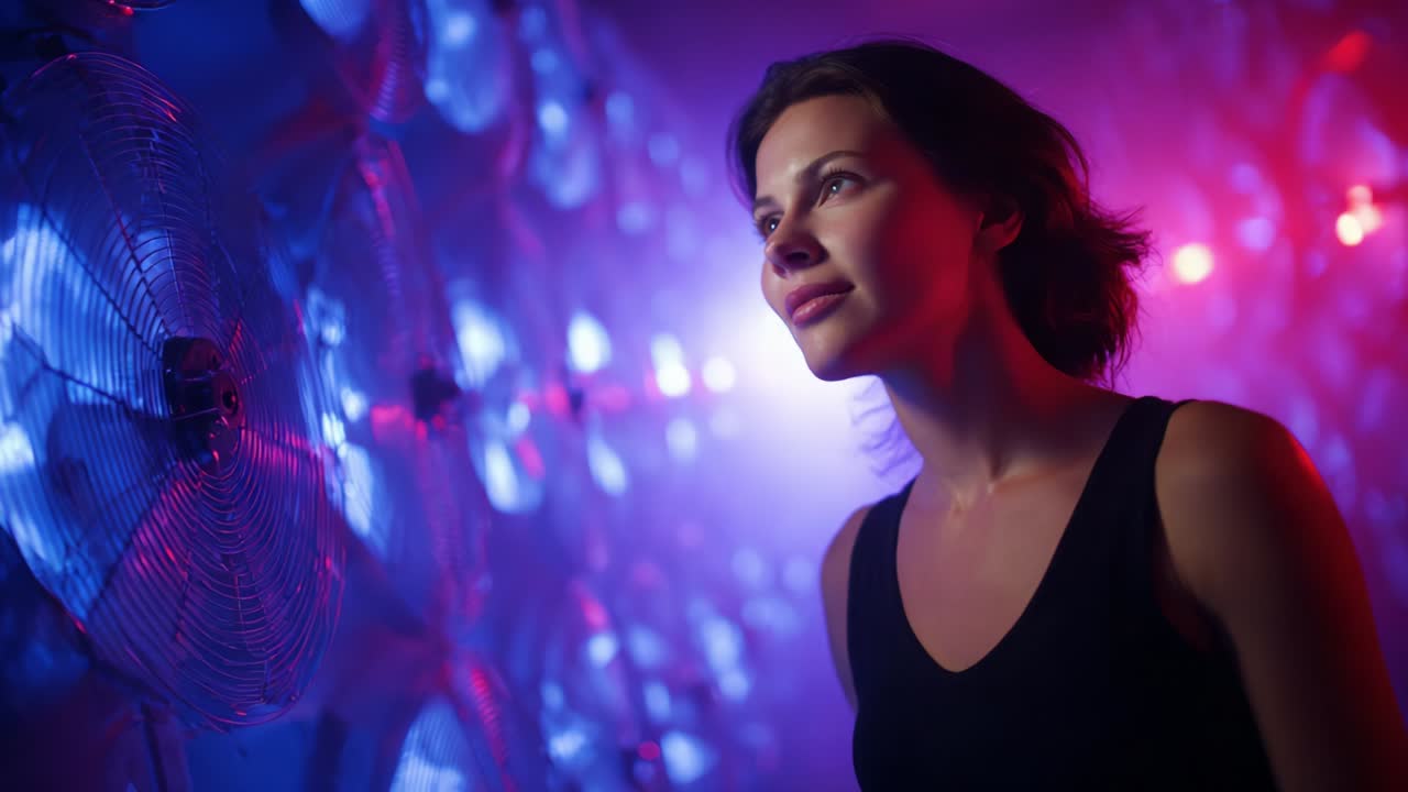 A woman standing in an ambient space surrounded by colorful light and swirling fans, embodying a moment of contemplation and serenity, showcasing the contrast between technology and human presence