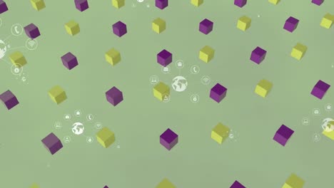 animation of globe and telecommunication icons floating over green background with cubes