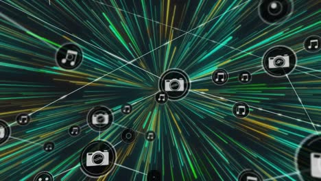 Animation-of-network-of-connections-with-digital-music-icons-over-green-explosion