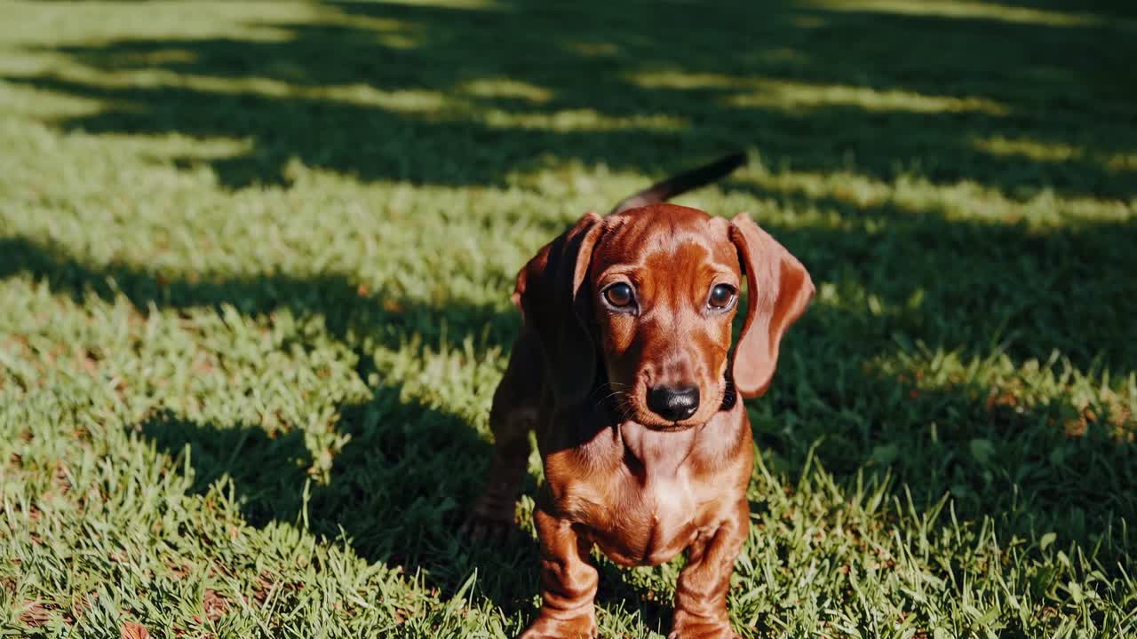 The video captures a playful dachshund puppy exploring a sunlit lawn, showcasing its curiosity