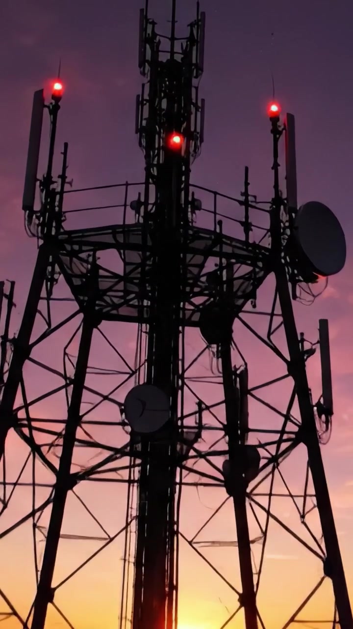 Una splendida silhouette al tramonto di torri di telecomunicazione contro un cielo vibrante, evidenziando l'intersezione tra tecnologia e bellezza della natura.