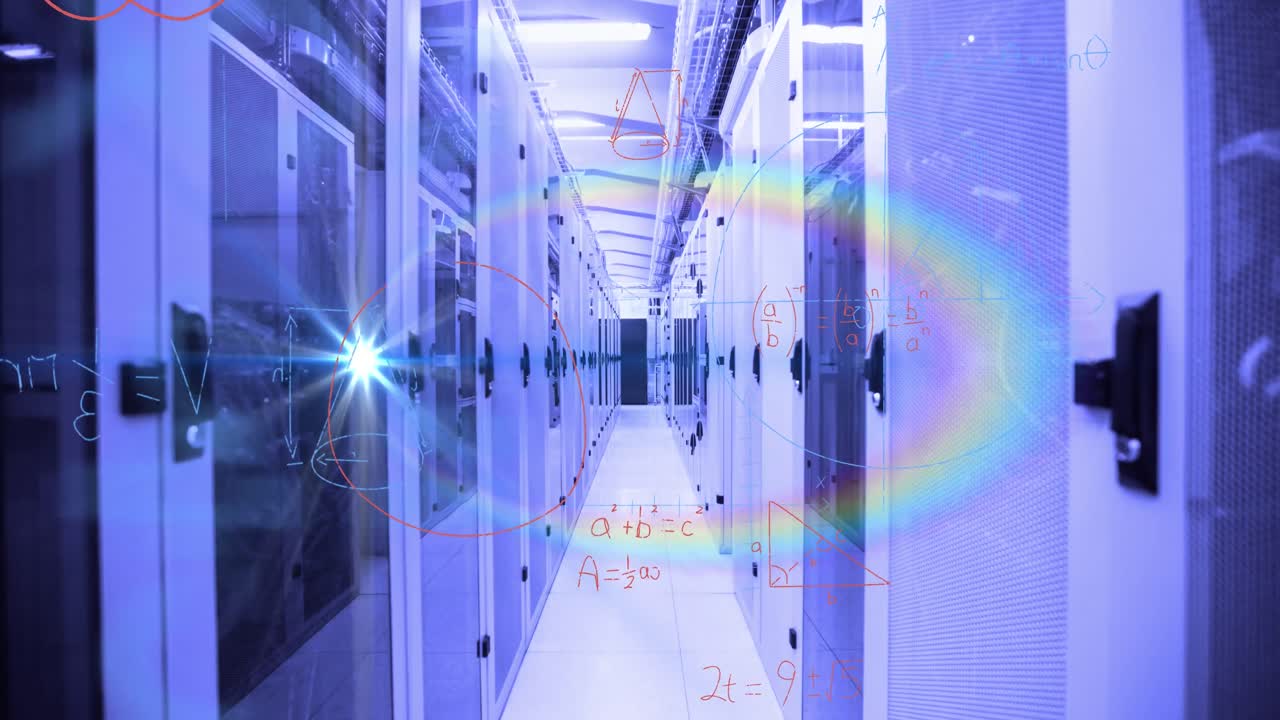 Mathematical equations against empty server room