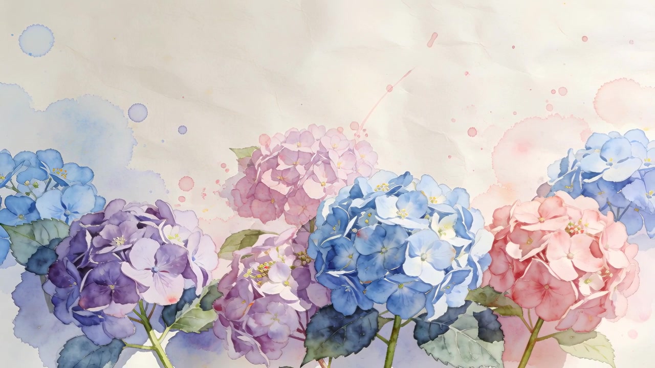 Animazione che mostra un gruppo di ortensie che si forma per completare un'opera d'arte su carta color crema, con punti di pigmento.