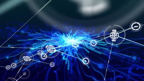 Animation-Des-Netzwerks-Von-Verbindungen-Von-Diagrammsymbolen-Auf-Schwarzem-Hintergrund-Mit-Blauen-Lichtern