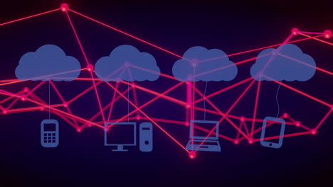 cloud computing network animation over various electronic devices connected by red lines