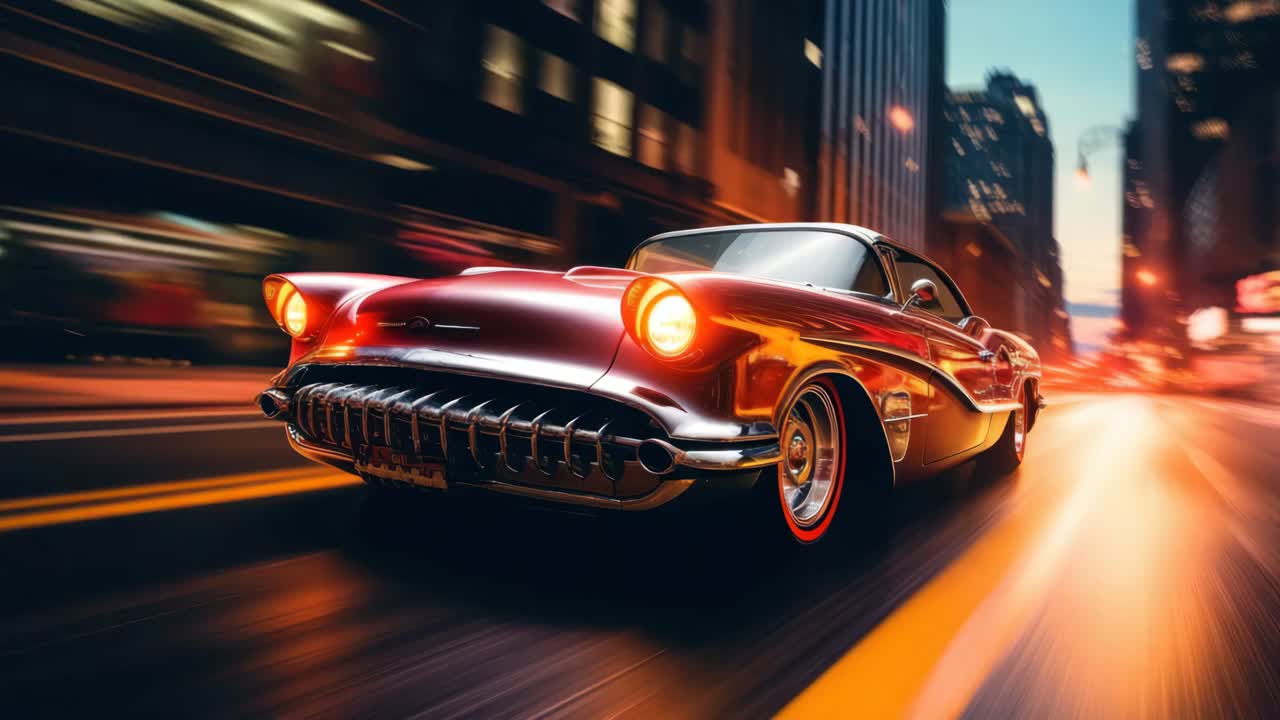 Inquadratura dinamica dal basso di un'auto d'epoca che sfreccia attraverso un paesaggio urbano al crepuscolo, catturando il motion blur