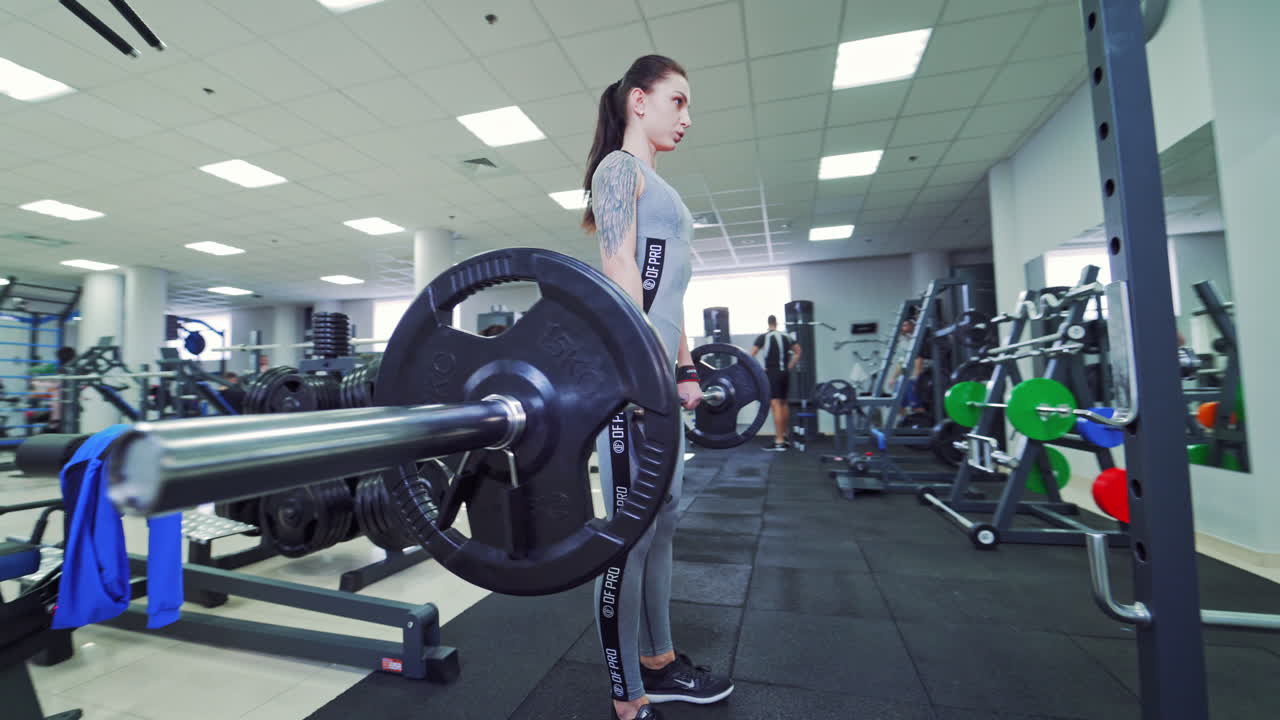 Muscular fit woman exercising. Attractive young sporty woman working out in gym