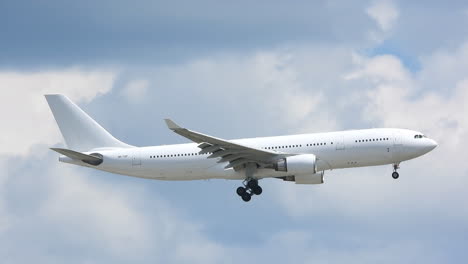 white generic plane no logo on contrasting sky with clouds