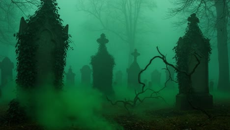 A Hauntingly Atmospheric Scene of an Overgrown Graveyard Cloaked in Green Mist, Revealing Tombstones Shrouded in Mystery and Nature&#039;s Reclamation