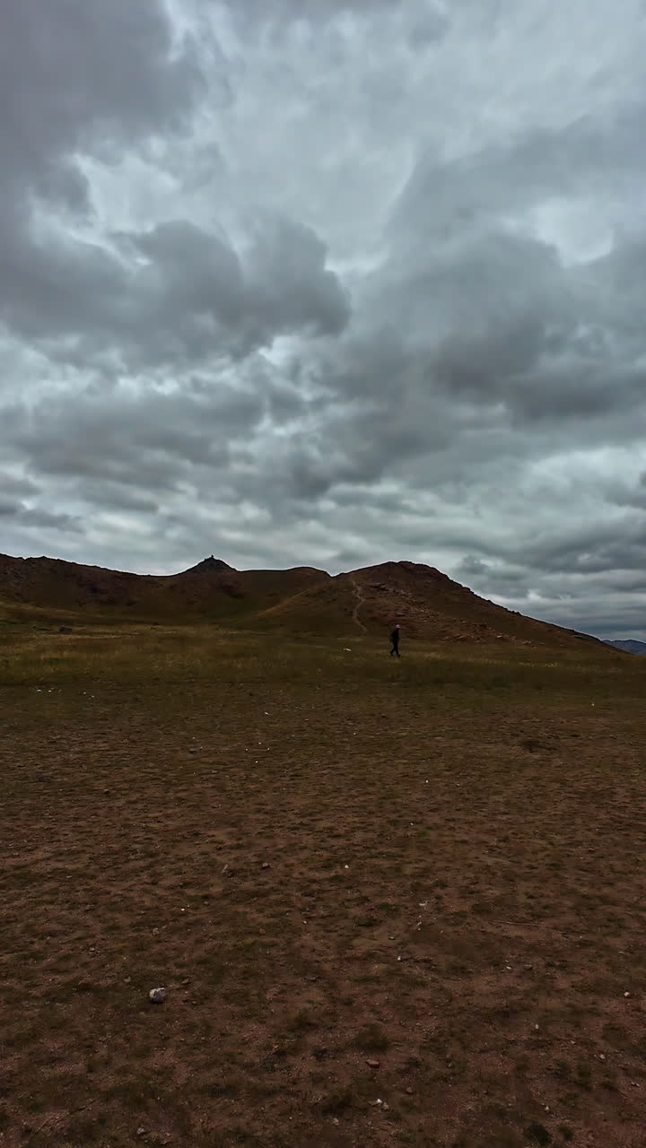 Vertical shot of a man running towards the camera on a brown grassland, cloudy sky, static shot, copy space