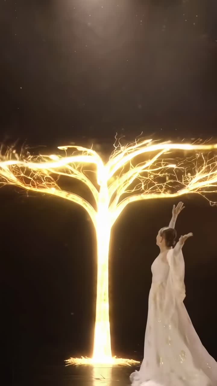 Ripresa video grandangolare di un grande palco teatrale con illuminazione drammatica e tende eleganti