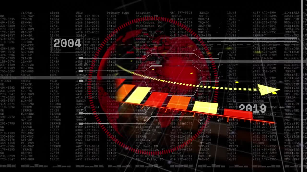 Animation of globe and financial data processing on black background