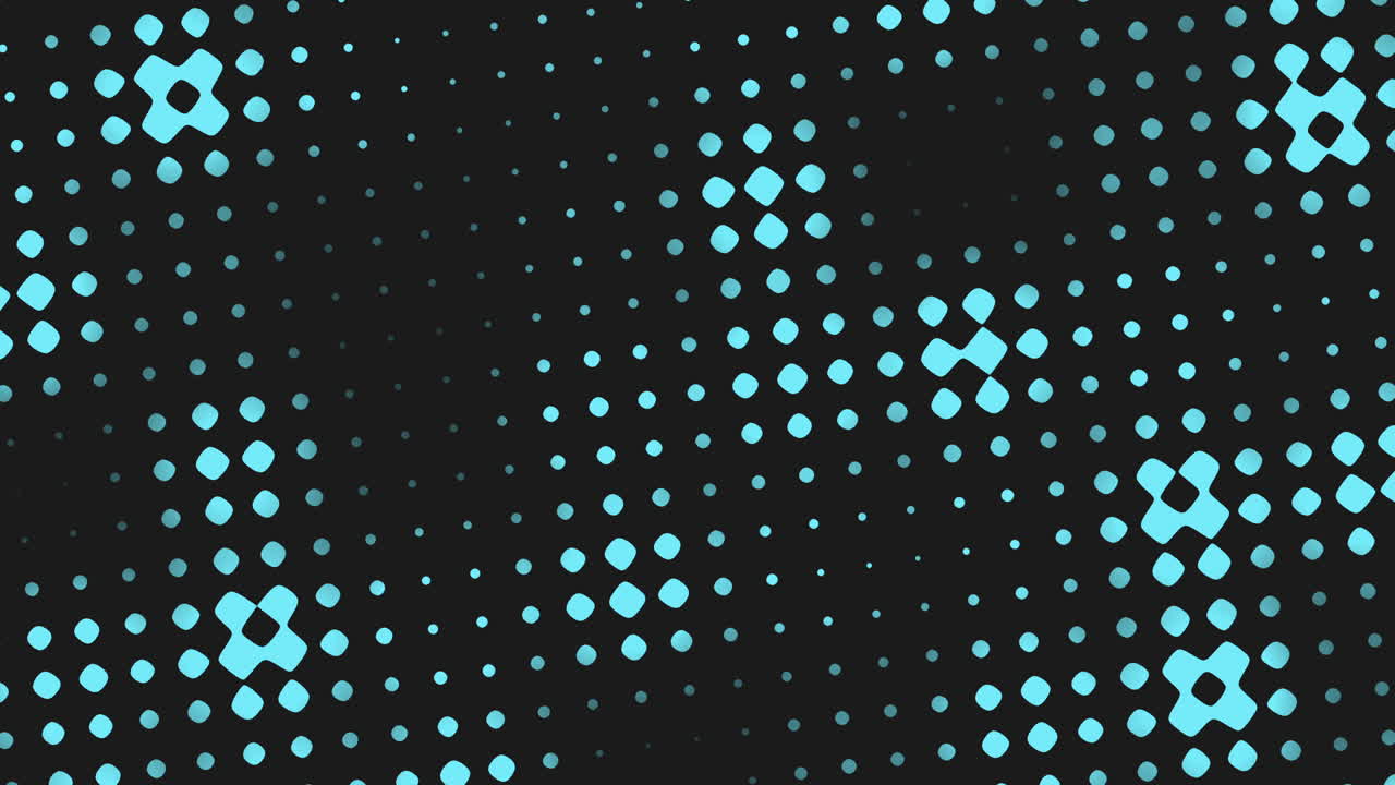 Seamless abstract footage of turquoise halftone dots forming geometric crosses on a dark background, ideal as a modern tech style backdrop for titles, presentations or motion design