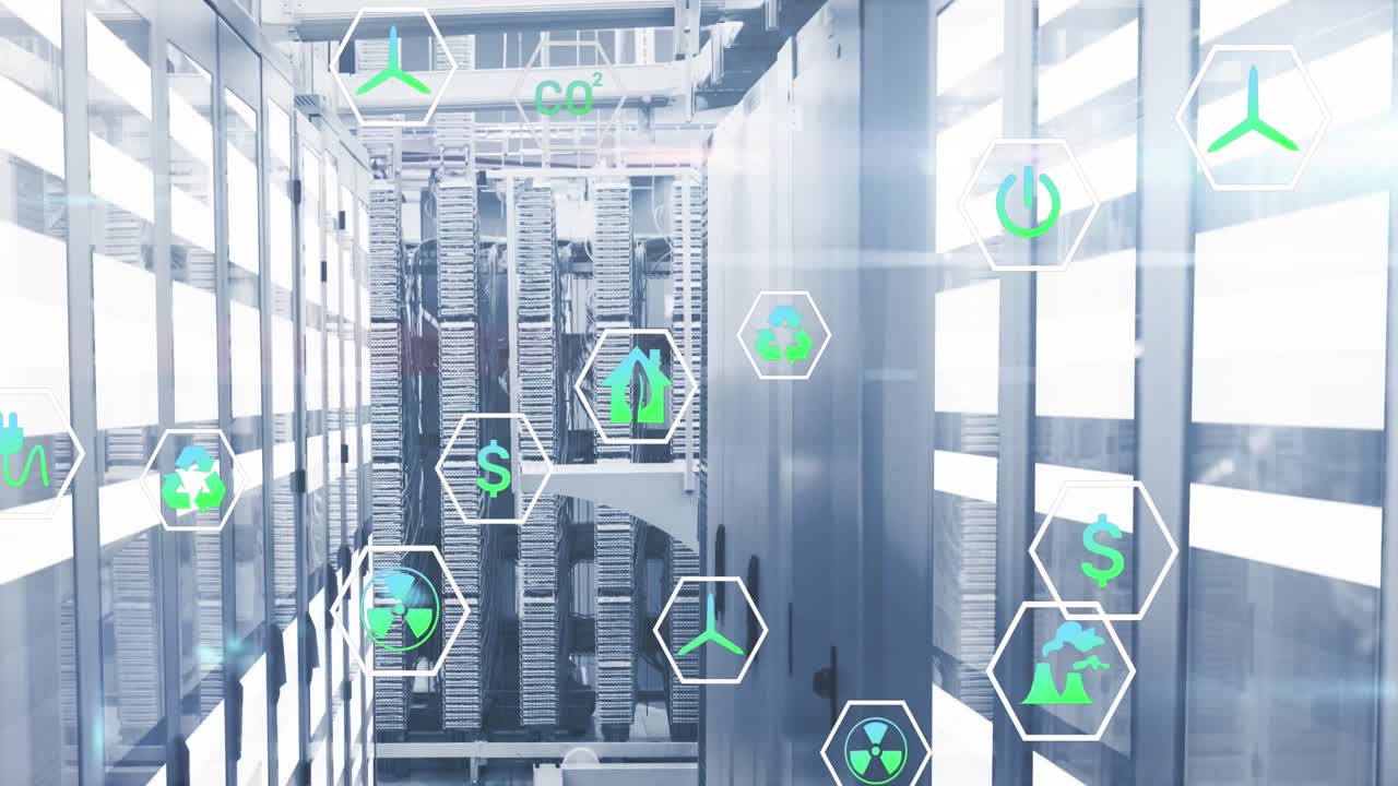 animación de iconos en círculos sobre barras móviles en sistemas de servidores de datos en la sala de servidores