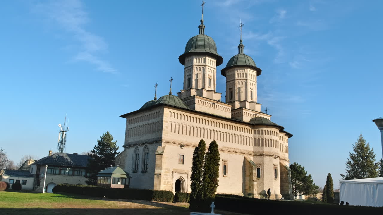 View of the Cetatuia Monastery in Iasi, Romania. Main church, inner court with greenery
