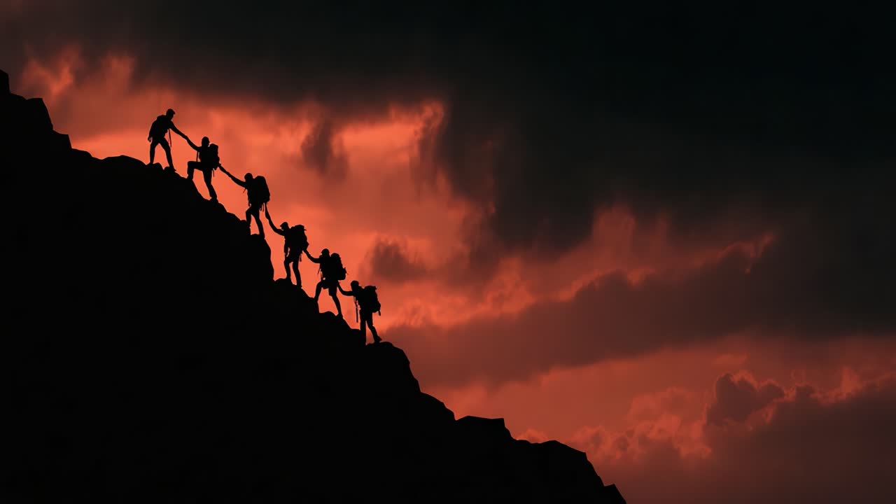 A Group of Hikers Ascending a Rugged Mountain Trail Against a Stunning Sunset Sky, Capturing the Spirit of Adventure and Teamwork in the Great Outdoors