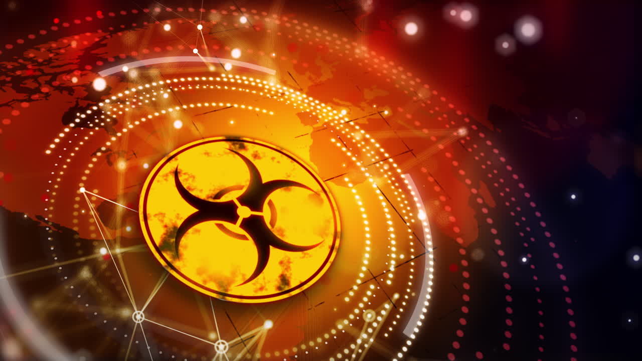 Round warning sign with biological hazard. Bright yellow animation with icon, lines and circles on world map background. Looped screensaver.