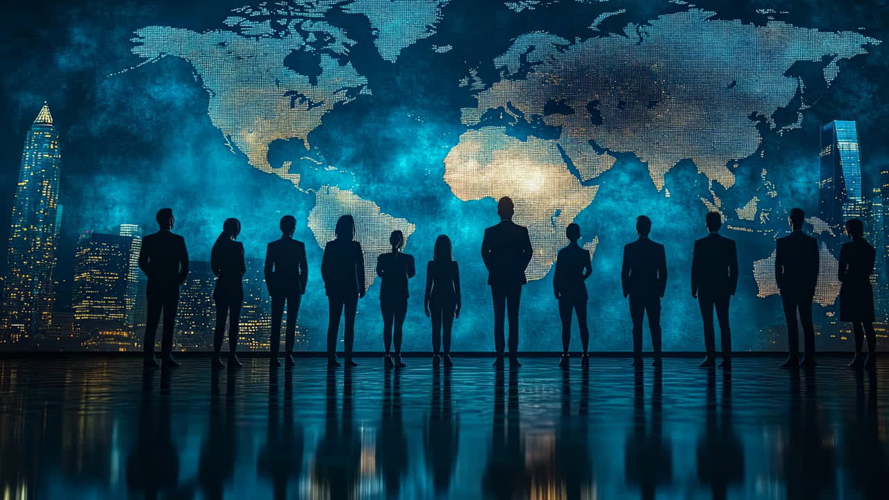 Business meeting at night with world map. A group of people stands in front of a large world map. It is night and the city lights are on