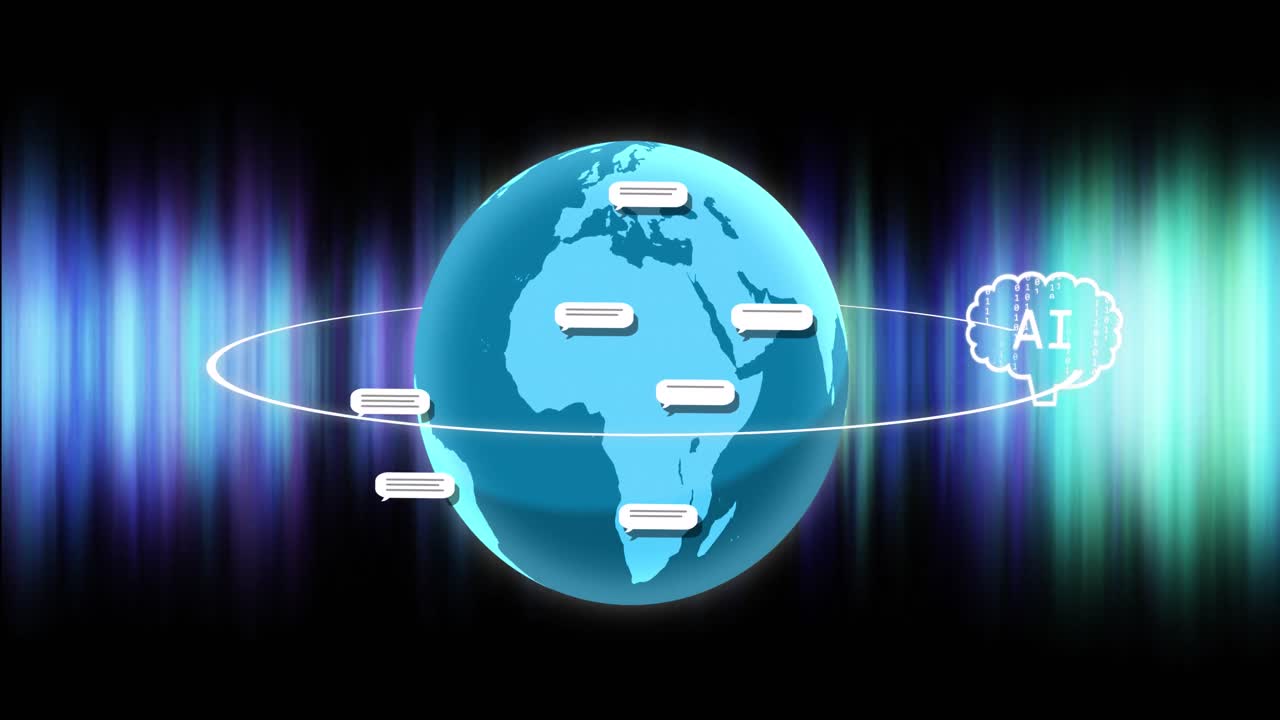 Animation of ai chat and data processing on over globe on green and purple background