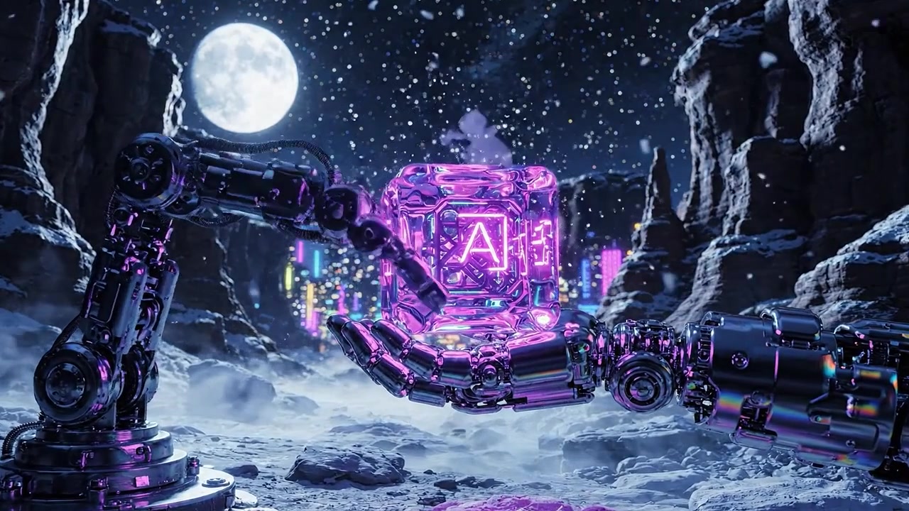 Esplorando il legame enigmatico tra robot avanzati e un cubo luminoso sotto un cielo stellato e illuminato dalla luna in un paesaggio futuristico