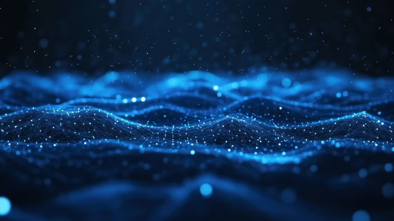 Dynamic low-angle video of glowing blue digital waves, creating a futuristic tech vibe