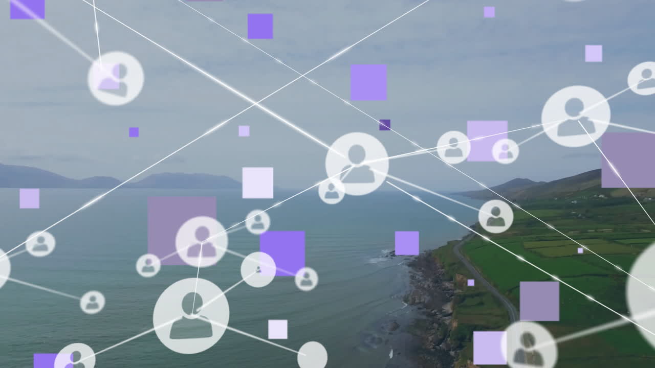 연안 풍경에 대한 연결 네트워크 및 데이터 처리 애니메이션