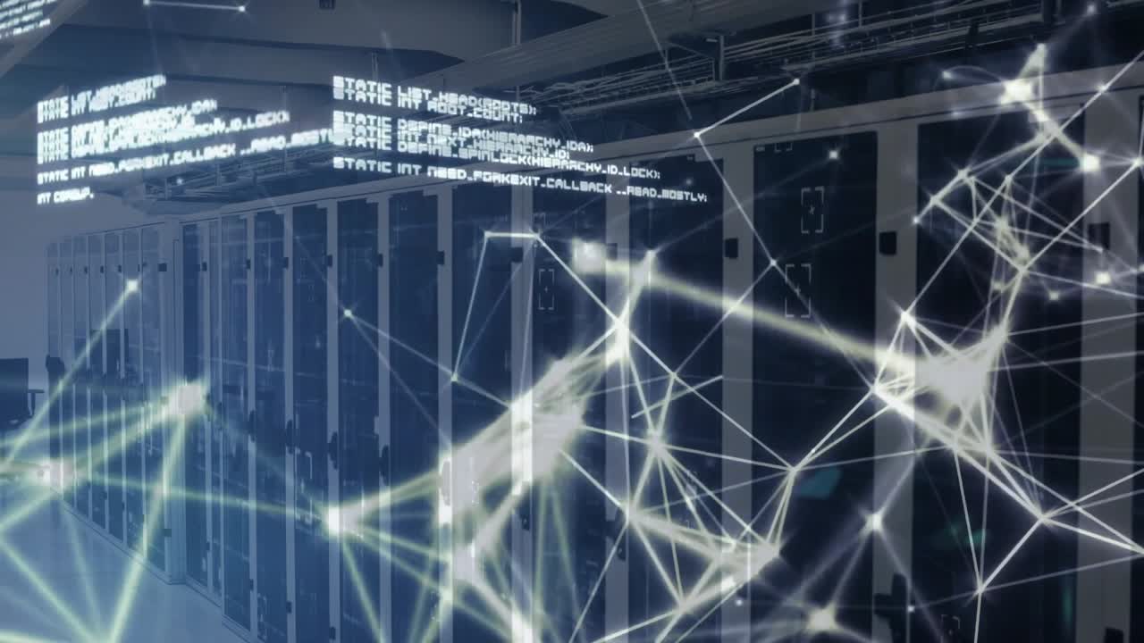 Camera holding steady showing network mesh emerging over racks and code clustering visualizing data