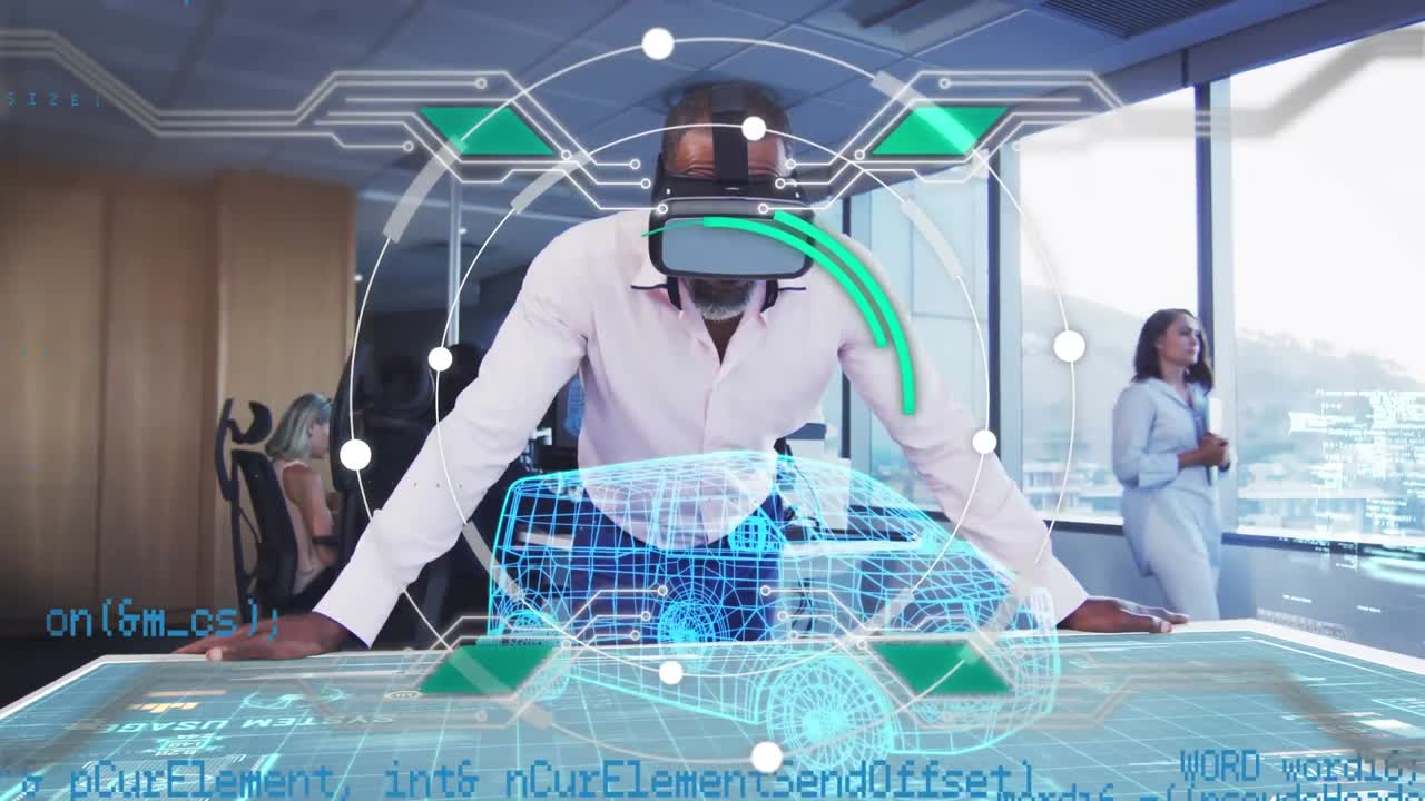 Digital composite video of data processing and 3d car drawing with interface icons against businessm