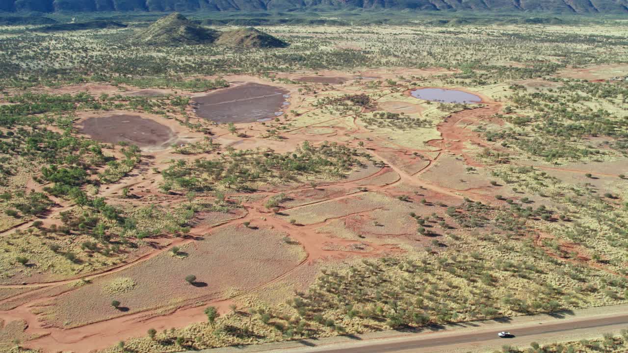 Aerial footage of the Ilparpa claypans, near Roe Creek, in the Northern Territory, Australia. August 2022.