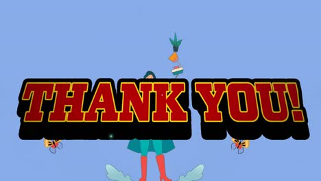 Animation-Des-Texts-„Dankeschön“-über-Einer-Frau-Im-Superhelden-Outfit,-Die-Ein-Kind-Hält-Und-Gegenstände-Balanciert