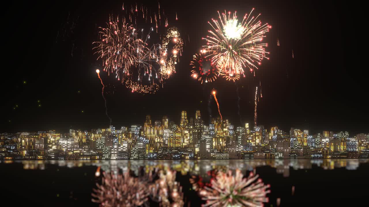 explosiones de fuegos artificiales sobre la ciudad por la noche sobre un fondo negro con estrellas brillantes y reflejos, animación 3d, fuegos artificiales animados, cámara fotográfica