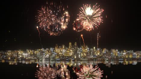 Explosiones-De-Fuegos-Artificiales-Sobre-La-Ciudad-Por-La-Noche-Sobre-Fondo-Negro-Con-Estrellas-Brillantes-Y-Reflejos,-Animación-3d,-Fuegos-Artificiales-Animados,-Cámara-De-Estilo