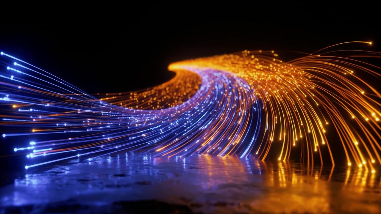 Abstract Flow of Glowing Blue and Orange Fiber Optic Data Streams