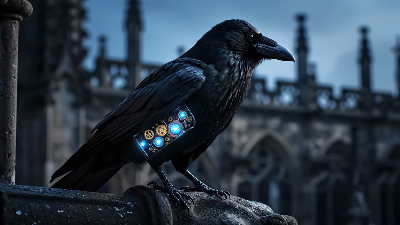 Raven with Steampunk and Cyberpunk Elements